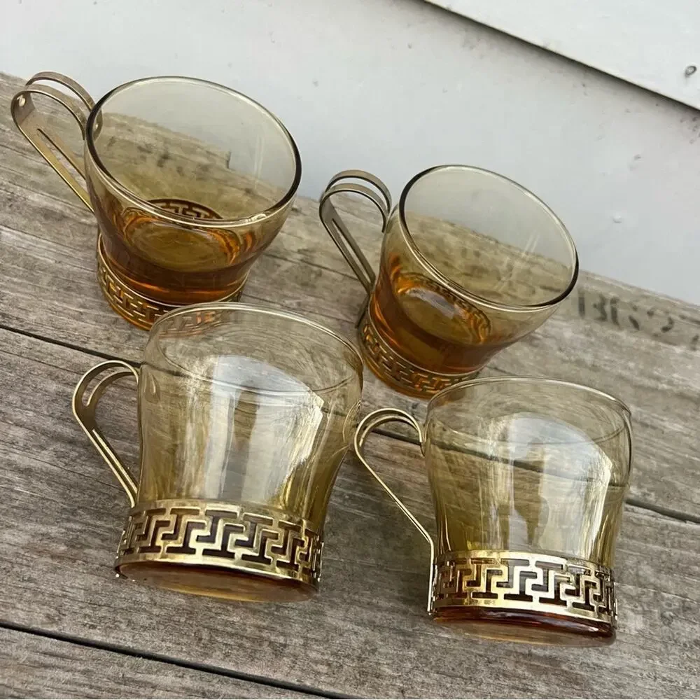 Libbey MCM Greek Key Punch Brass Holder Amber Glass Tiki Glasses Cups Set of 4